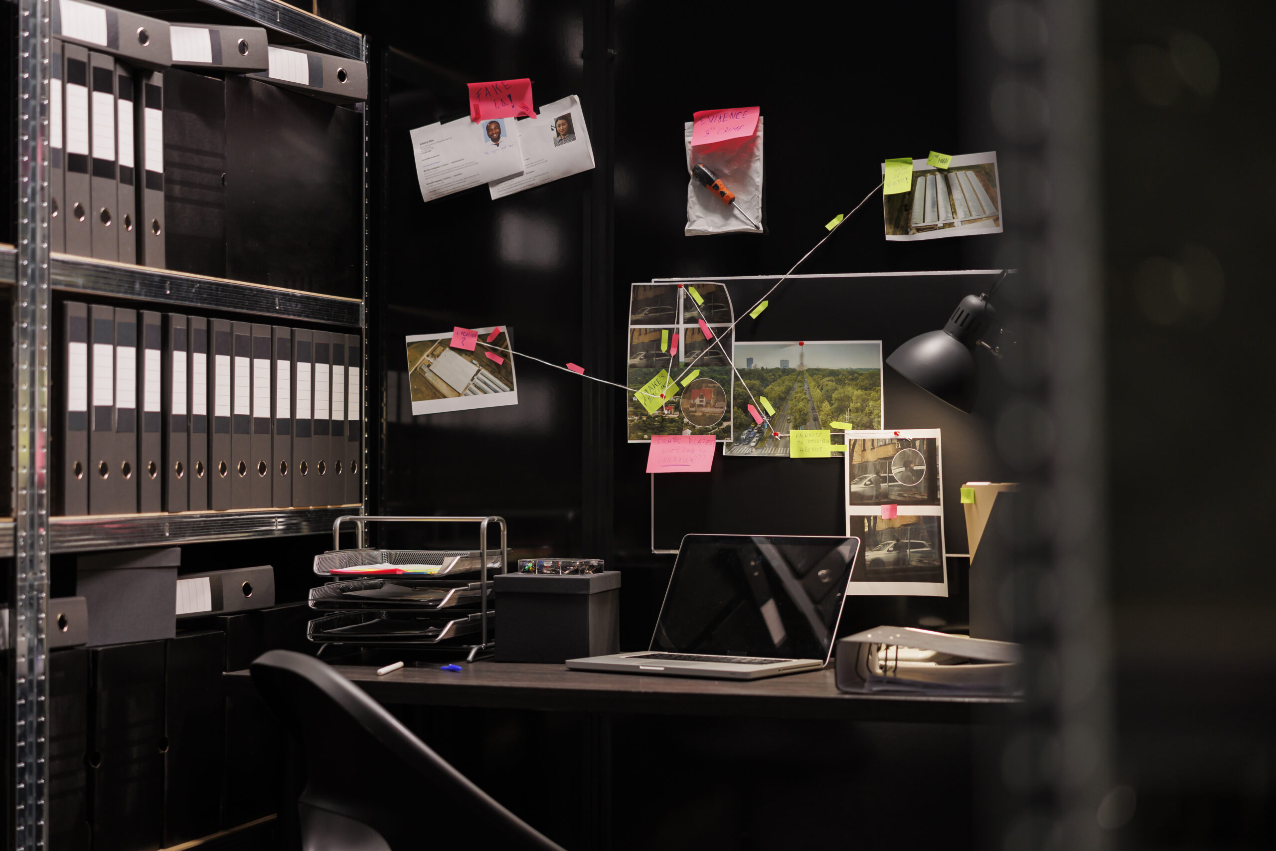 Private detective empty workplace with crime case evidences board hanging over desk. Police investigator office surrounded with murder scene photos and clues at night time